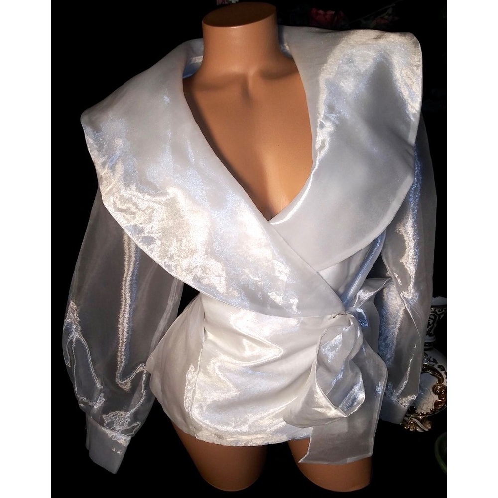 Vintage Wedding Puffy Sleeves Tie Shiny Blouse